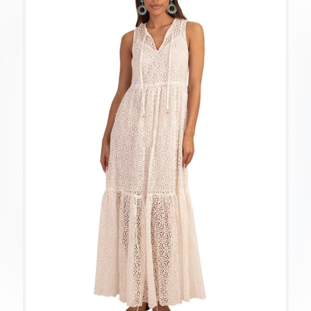 Trina Turk Women's White Sleeveless V Neck Beach Maxi Dress NWOT ivory tan